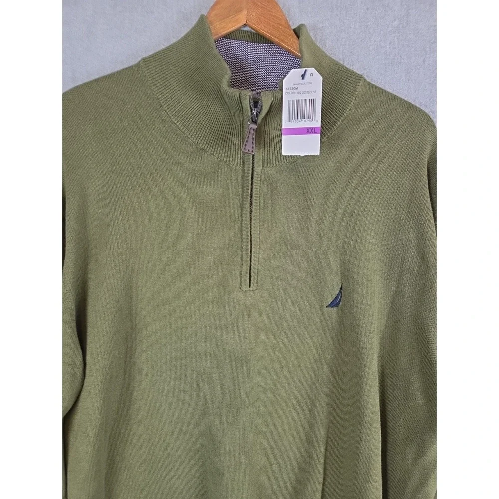 Nautica Mens 2XL Pullover Sweater 1/4 Zip Olive Green Logo‎ Preppy Golf Walk NEW